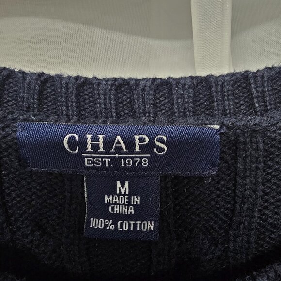 Chaps Crewneck Sweater Crest Navy Cable Knit Preppy Regency Money Cotton M - Picture 6 of 8